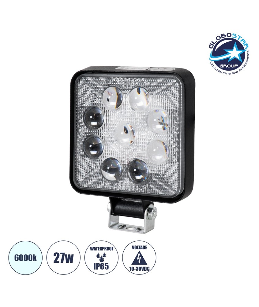GloboStar® 85404 Vehicle Work Lights - Φώτα Εργασίας για Οχήματα LED 27W DC 10-30V Αδιάβροχο IP67 Ψυχρό Λευκό 6000K Μ14 x Π11 x Υ2.2cm
